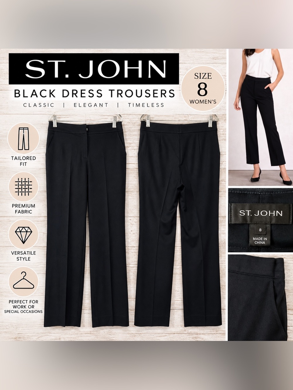 St. John Black Dress Pants Trousers Women’s Size 8 Tailored Straight Leg